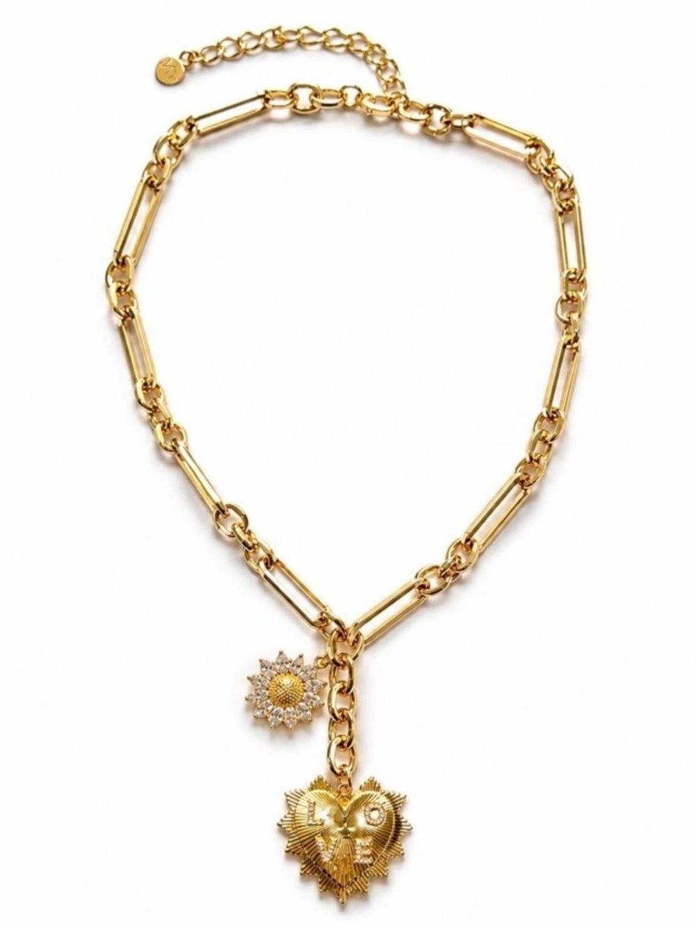 Paperclip Chain Necklace | Crystal Charms, Heart & Sun | 18K Gold Plating